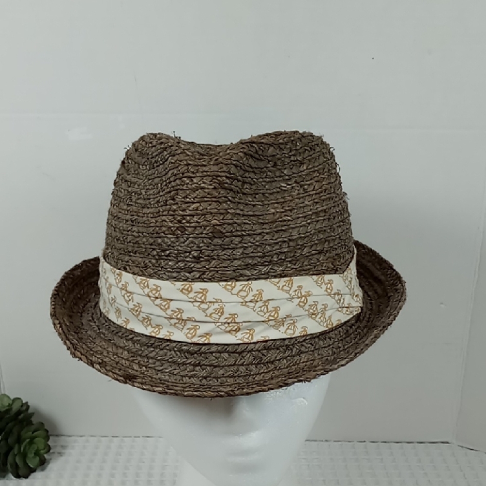 Vtg Penguin Brown Natural Straw Hat w/Cream Penguin Print Band Women's M/L